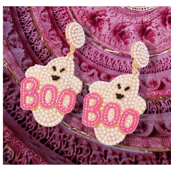 Rhinestone Cute Ghost Earrings Halloween Boo Pink Beaded Dangle‎ Pastel - Picture 2 of 4
